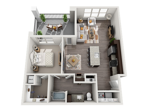Floor plan for 1 bed, 1 bath, 844 sqft